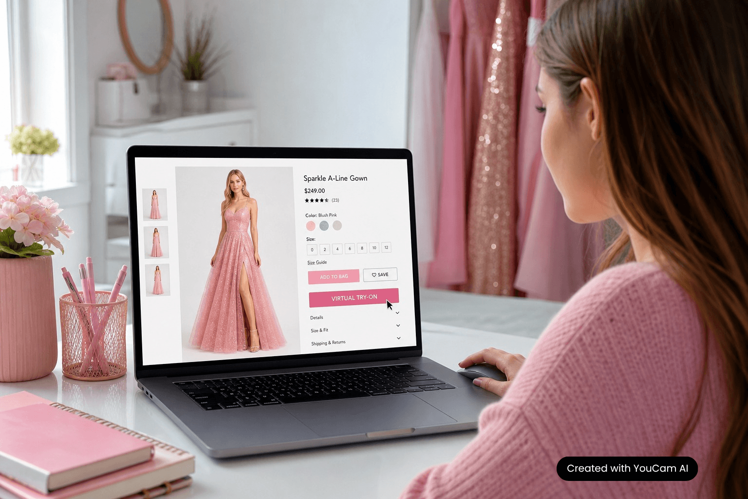Prom Dress Virtual Try-On for Fashion Ecommerce Shopper using virtual try-on while browsing prom dresses online