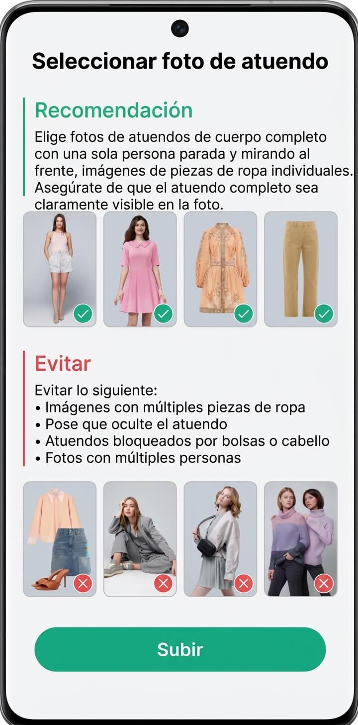 Cómo subir una buena foto al Armario IA Pantalla del Armario IA de YouCam Perfect mostrando ejemplos recomendados y ejemplos a evitar para fotos de ropa