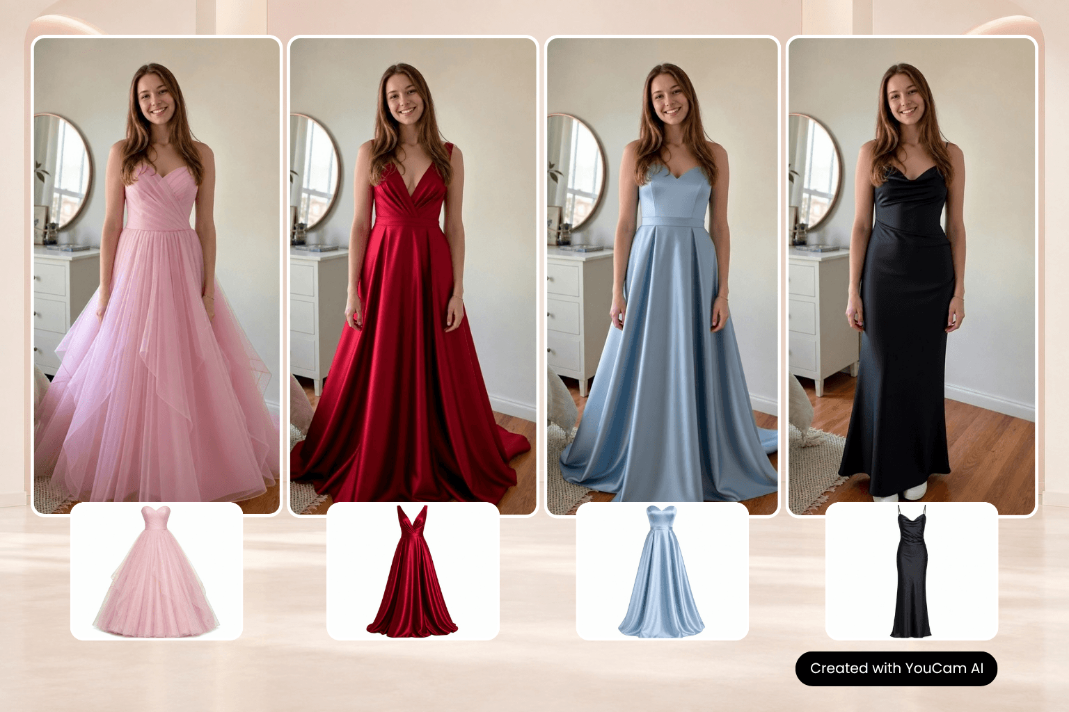 Compare Prom Dress Styles With Virtual Try-On Prom dress virtual try-on showing gowns in four styles