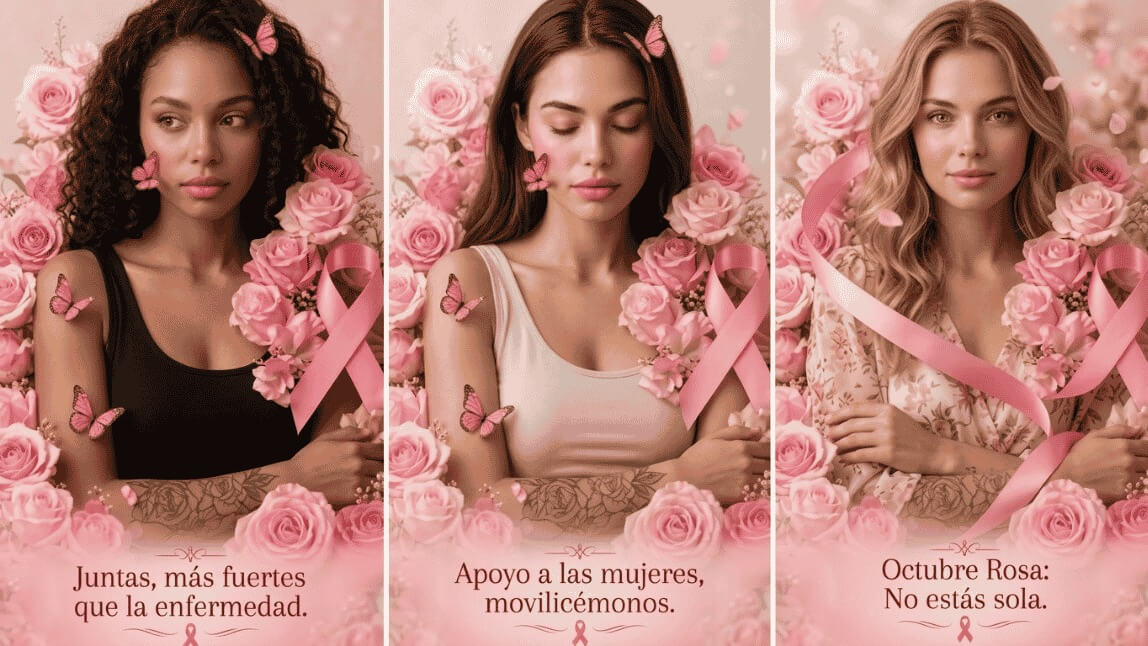 Lazo rosa, frase de apoyo y maquillaje ros