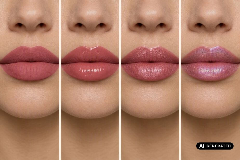 The same rose lipstick shade shown in four finishes: matte, gloss, shimmer, and holographic. The same rose lipstick shade shown in four finishes: matte, gloss, shimmer, and holographic.