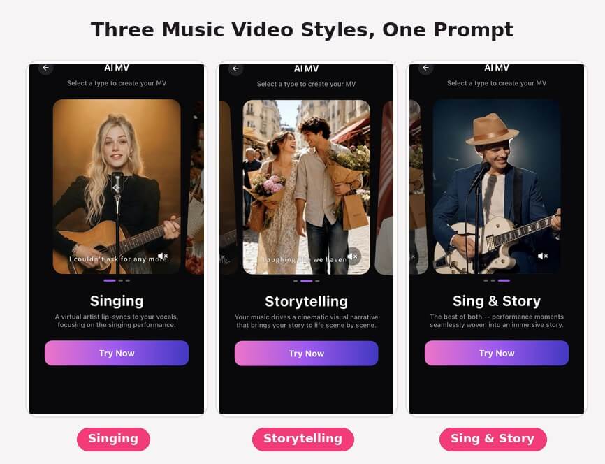 Three AI Music Video styles side by side: Singing, Storytelling, and Sing & Story