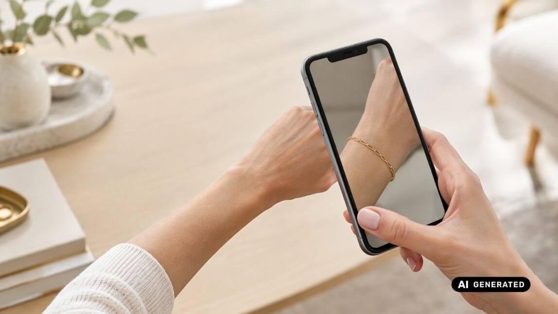 Shopper using a phone camera to preview a gold bracelet on their wrist.