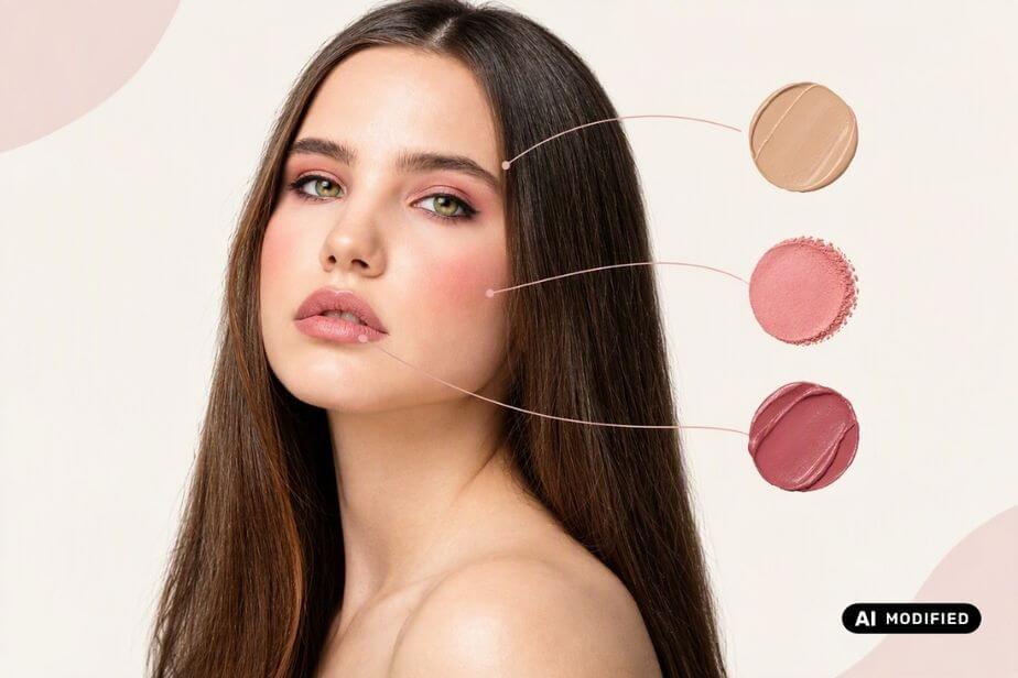 Illustration showing lipstick on the lips, blush on the cheeks, and foundation across the complexion. Illustration showing lipstick on the lips, blush on the cheeks, and foundation across the complexion.