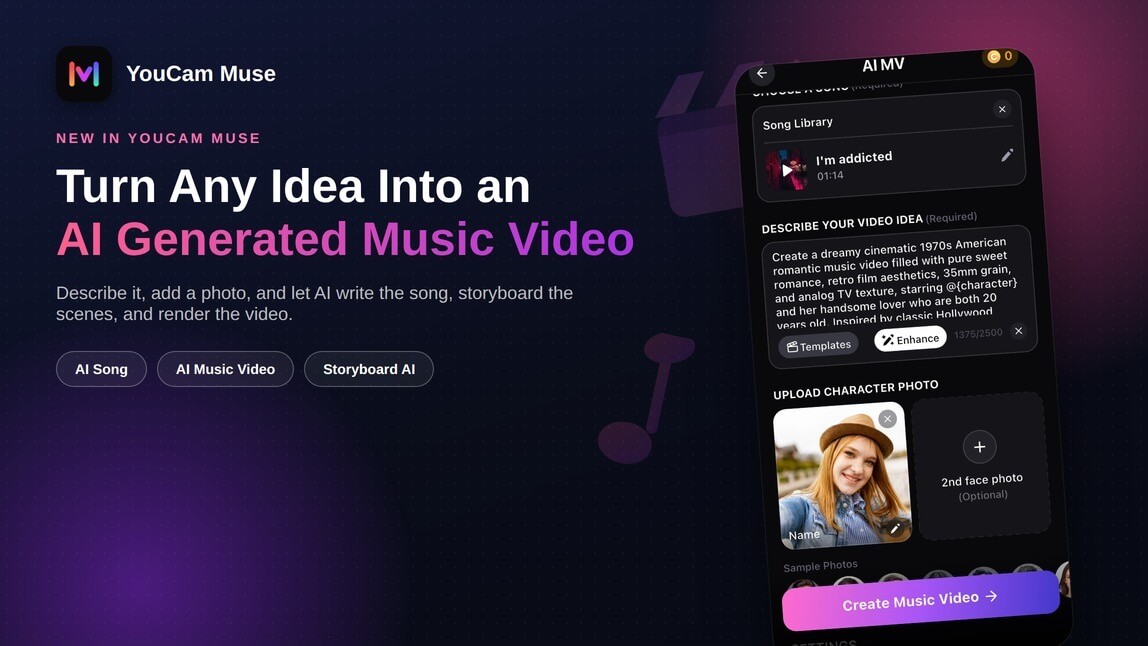 YouCam Muse AI Music Video Feature Room showing song selection, a video idea prompt, and character photo upload