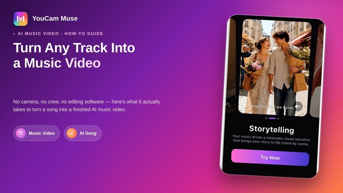 YouCam Muse app screen showing the Explore feed and the AI MV style picker for creating an AI music video