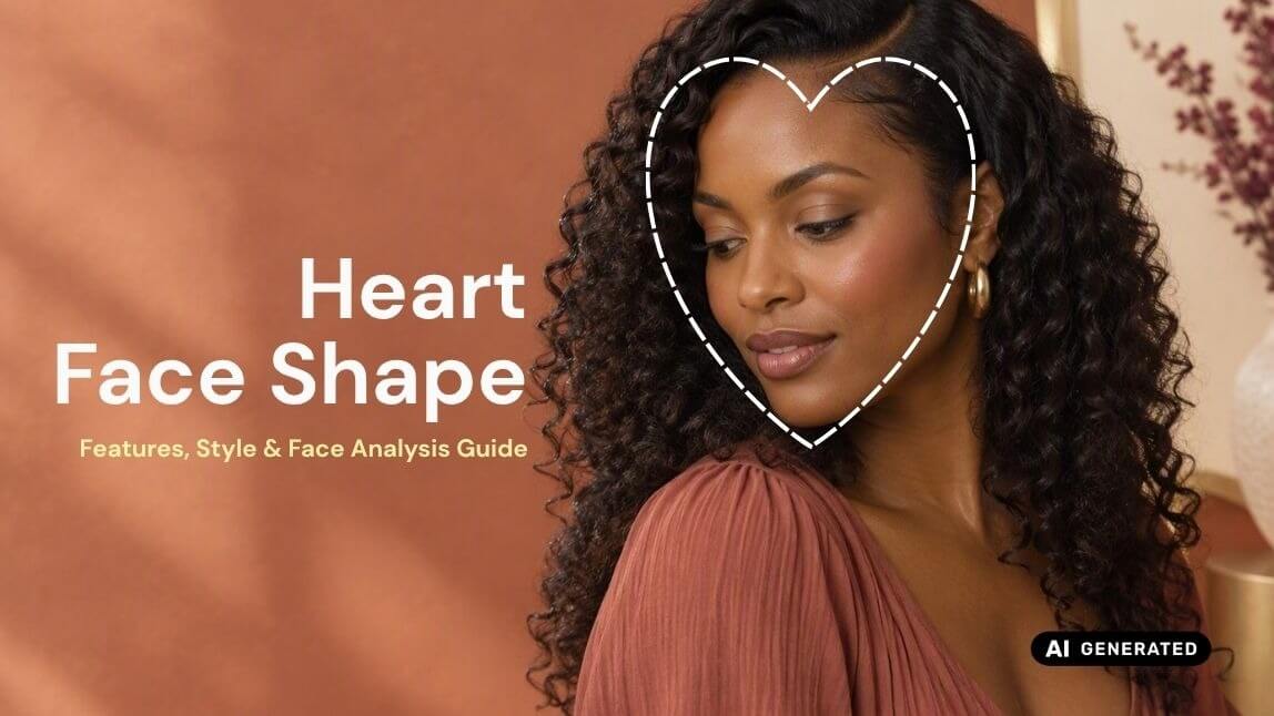 Three-quarter editorial portrait of a woman with a heart face shape, long natural curls, a broad upper face, and a softly tapered chin