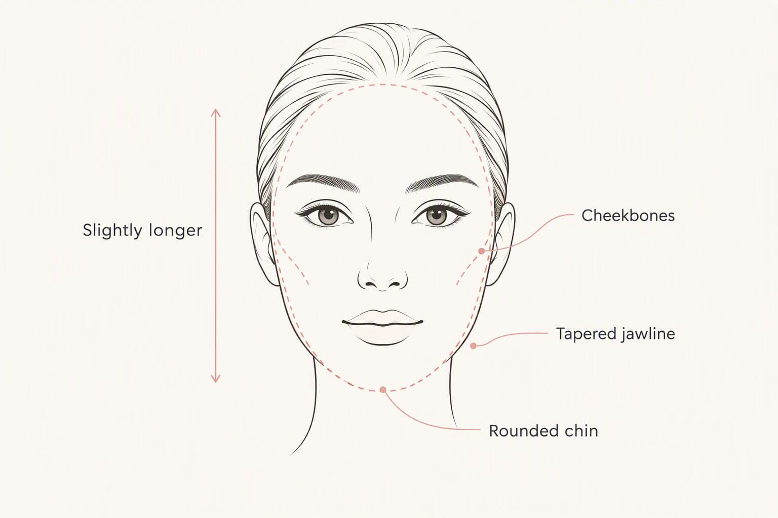 Line illustration of an oval face shape showing slightly wider cheekbones, a gently tapered jawline, and a rounded chin