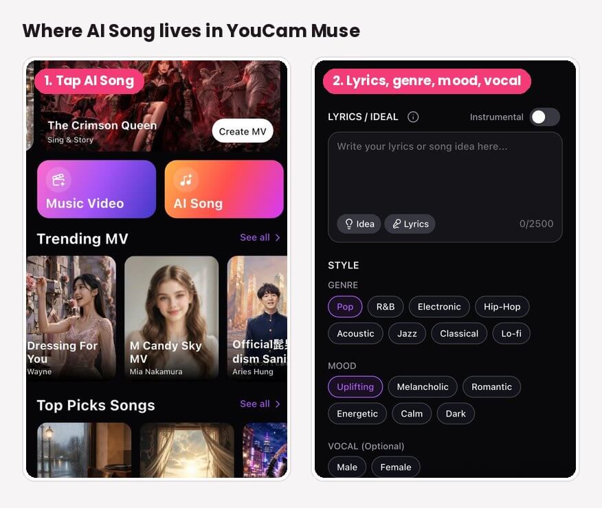 YouCam Muse home screen with the AI Song button next to Music Video, and the AI Song screen with Custom and Simple modes and the Lyrics / Idea box