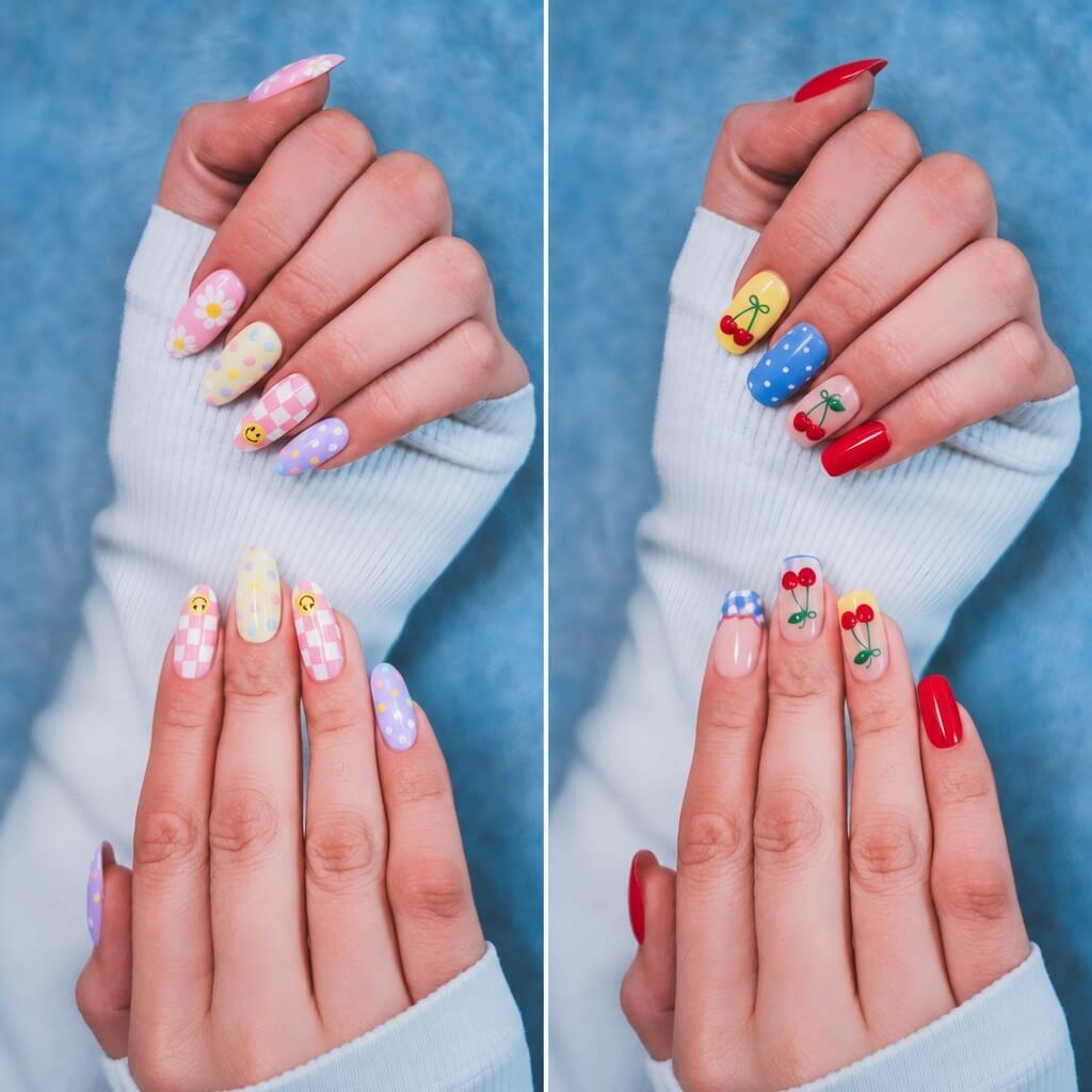 Deux designs d’ongles issus de la fonctionnalité, celui de gauche est Pastel Daisies, designs pastel complets, motif damier avec un smiley jaune sur les ongles des deux mains, les autres ongles étant décorés de marguerites et de pois ; celui de droite est Cherry Pop, des cerises sur les ongles des deux mains, avec du rouge vif, du jaune, du bleu et du rose nude.