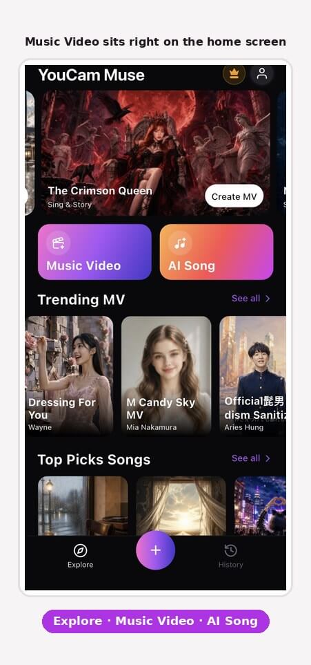 Music Video sits right on the home screen, next to AI Song