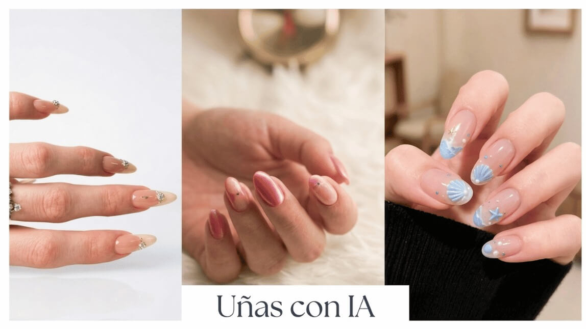 Collage of five different nail designs on the left and a title saying "YouCam Makeup, AI Nails" on the right.
