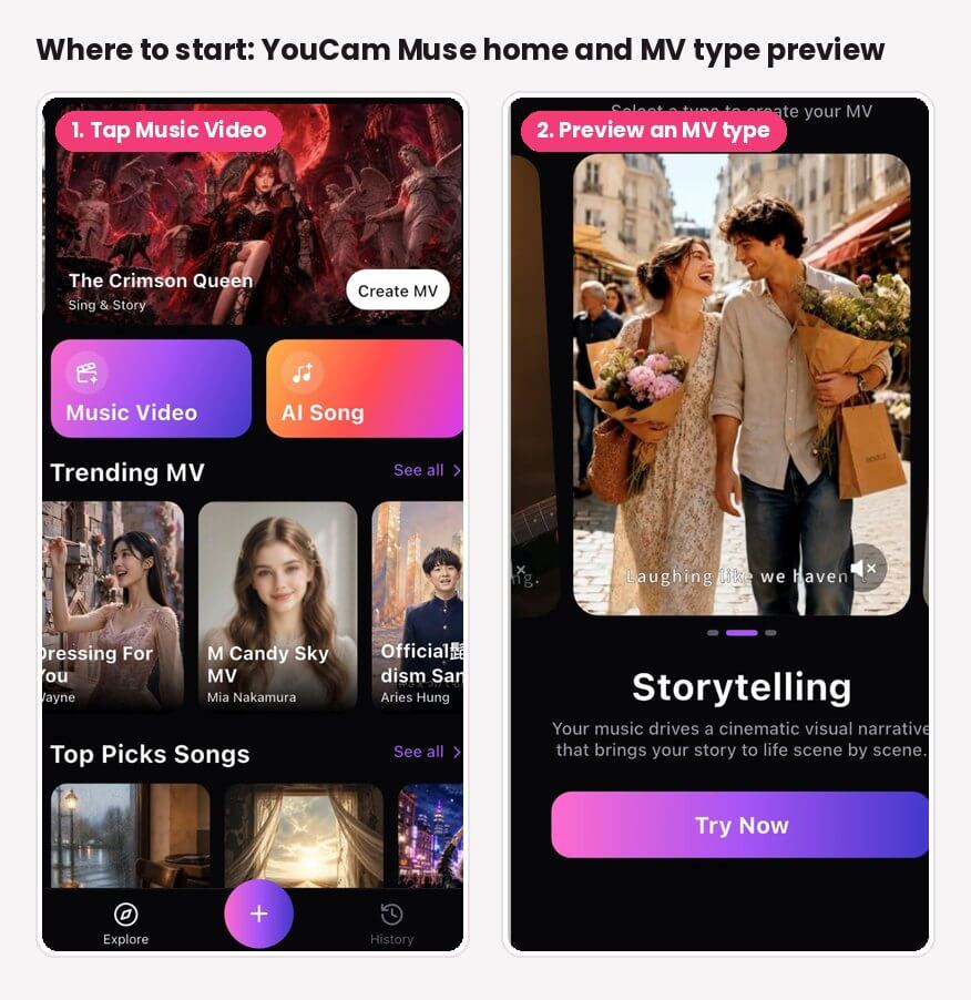 Where to start in YouCam Muse: the home screen with the Music Video and AI Song buttons, and the AI MV type preview showing the Storytelling mode with a Try Now button