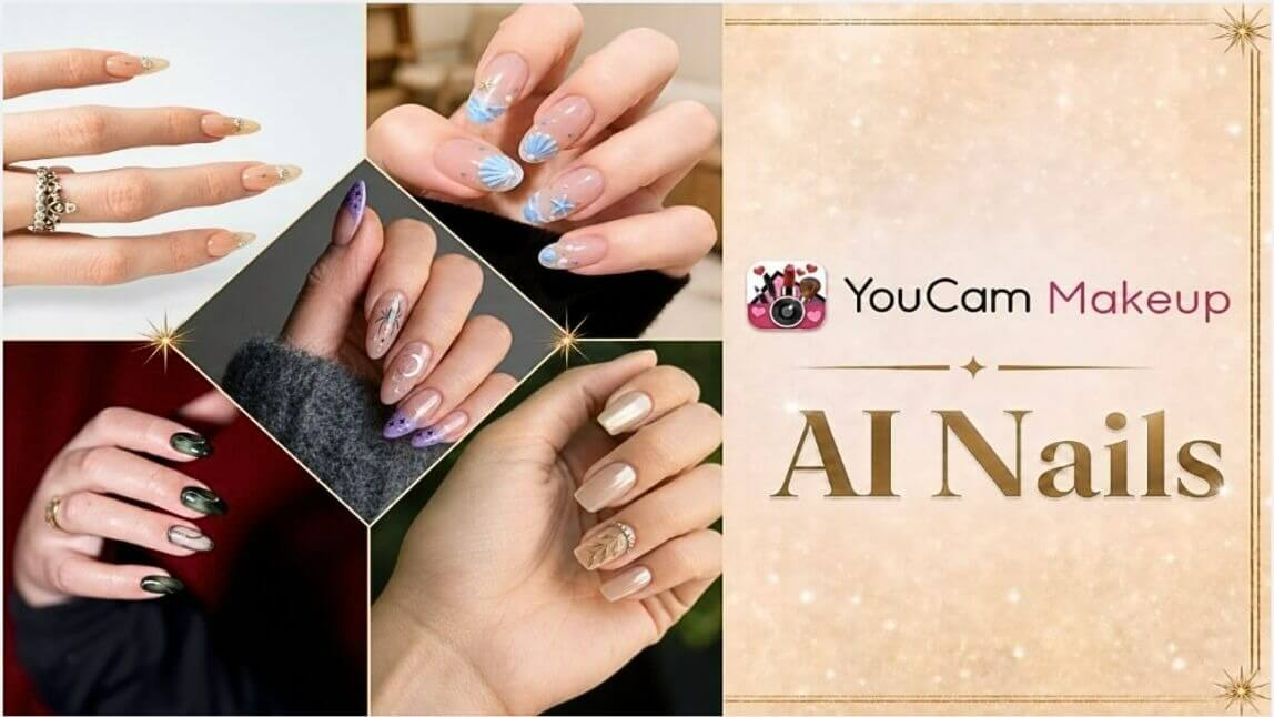 Collage de cinq designs d’ongles différents à gauche et un titre « YouCam Makeup, Ongles IA » à droite.