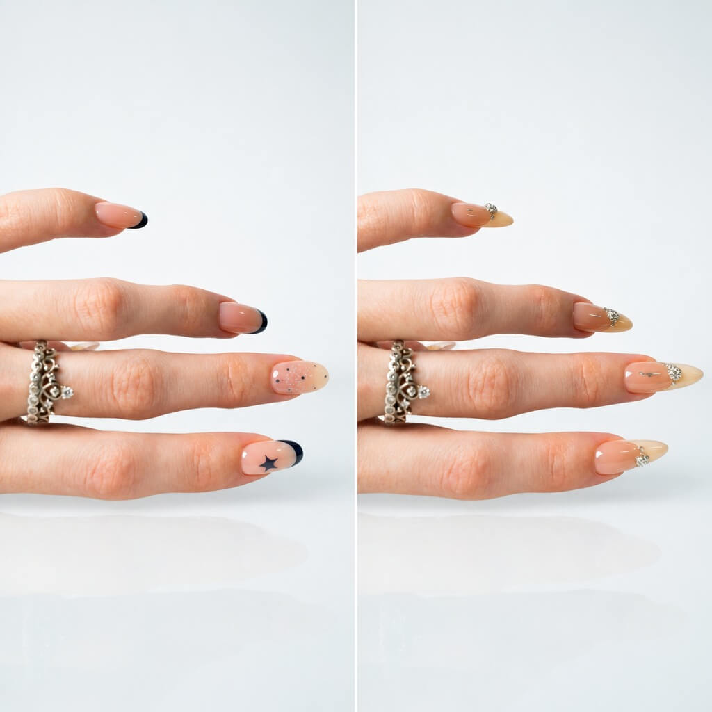 Deux designs d’ongles issus de la fonctionnalité, celui de gauche est Cosmic French, rose clair sur chaque doigt et noir sur le bout de l’index, de l’annulaire et de l’auriculaire, une étoile noire sur l’index et des pois sur le majeur ; celui de droite est Jeweled French, rose clair sur chaque ongle avec une pointe crème, agrémentée de bijoux sur chaque ongle.