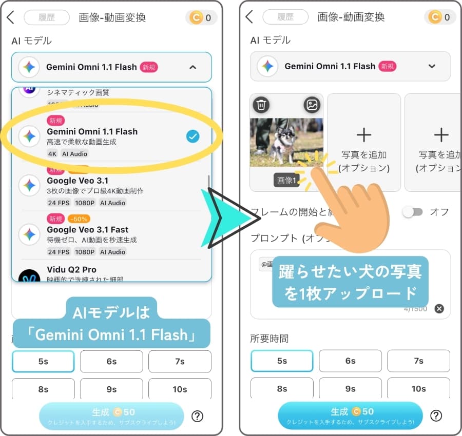 AIモデルの選択と犬の写真をアップロード AIモデルの選択と犬の写真をアップロード
