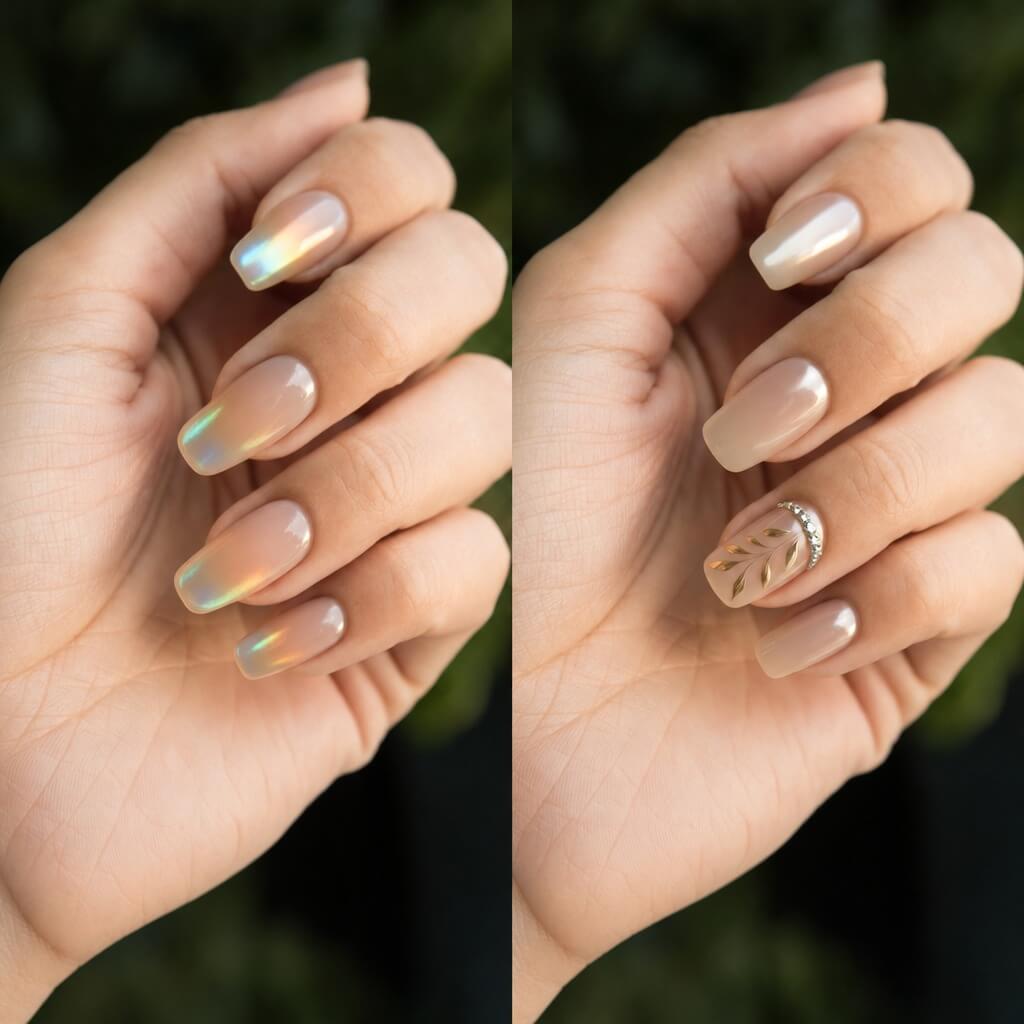 Deux designs d’ongles issus de la fonctionnalité, celui de gauche est Opal Glow, il brille comme un opale, légèrement métallique, avec un dégradé d’une pointe bleu clair vers une base couleur perle ; celui de droite est Pearl Star Glaze, couleur perle unie, avec des ornements de feuilles dorées et un fil métallique brillant sur l’annulaire.