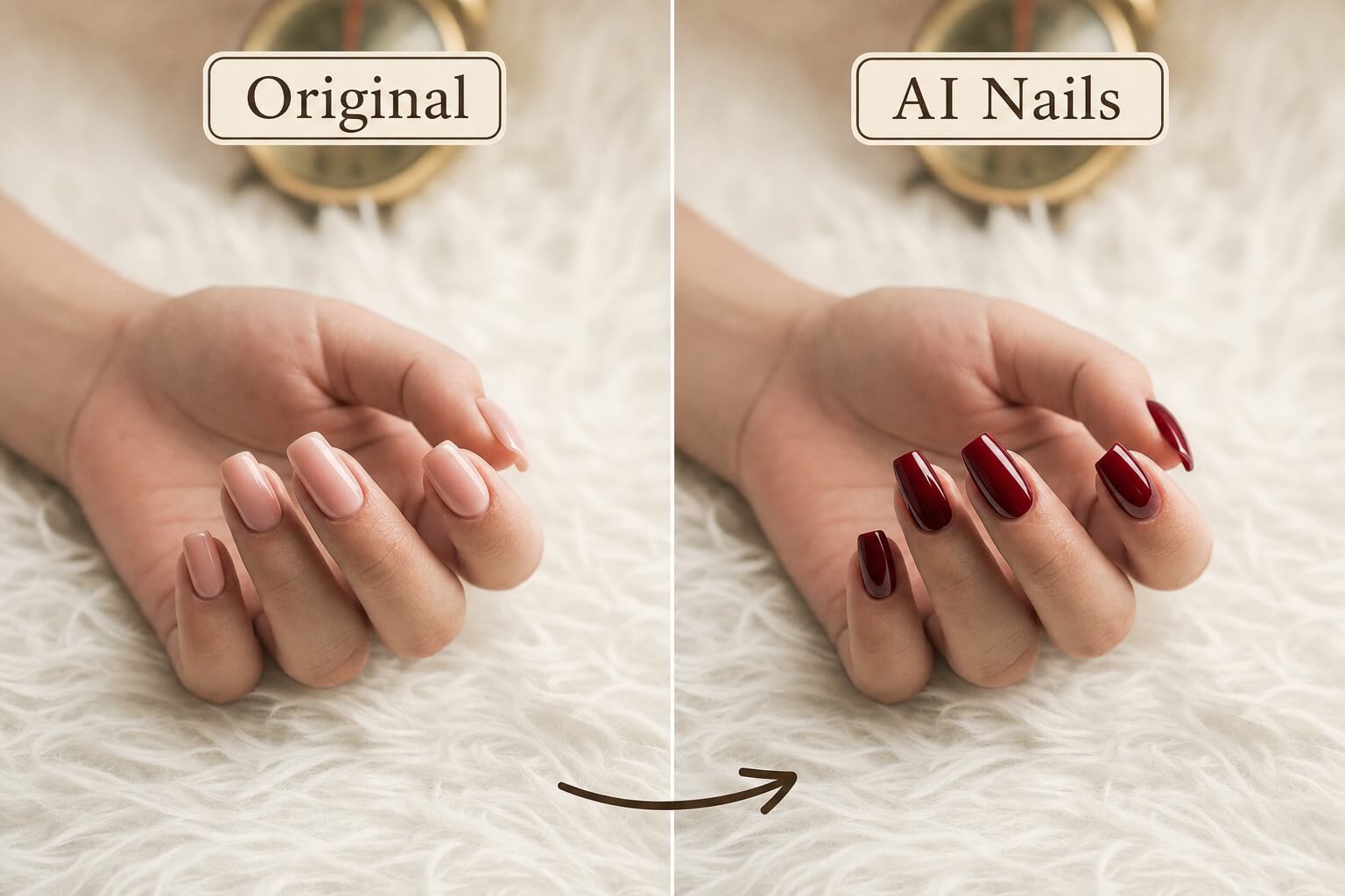 Une image avant/après : à gauche, l’image d’origine du modèle de mains avec un vernis nude ; à droite, le résultat d’Ongles IA avec un vernis rouge foncé, dont les reflets montrent des ajustements lumineux complexes générés par Ongles IA.