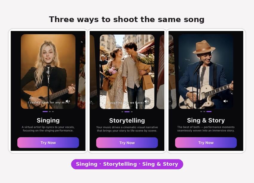 The three YouCam Muse AI MV type cards side by side: Singing, Storytelling, and Sing and Story