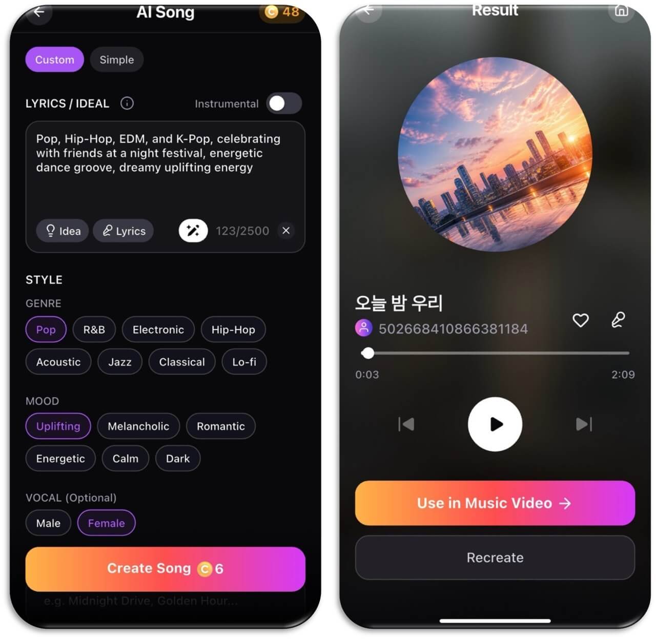 AI Song Custom-mode creation screen with Pop genre, Uplifting mood, and Female vocal selected, next to the finished song result screen with playback controls and a Use in Music Video button