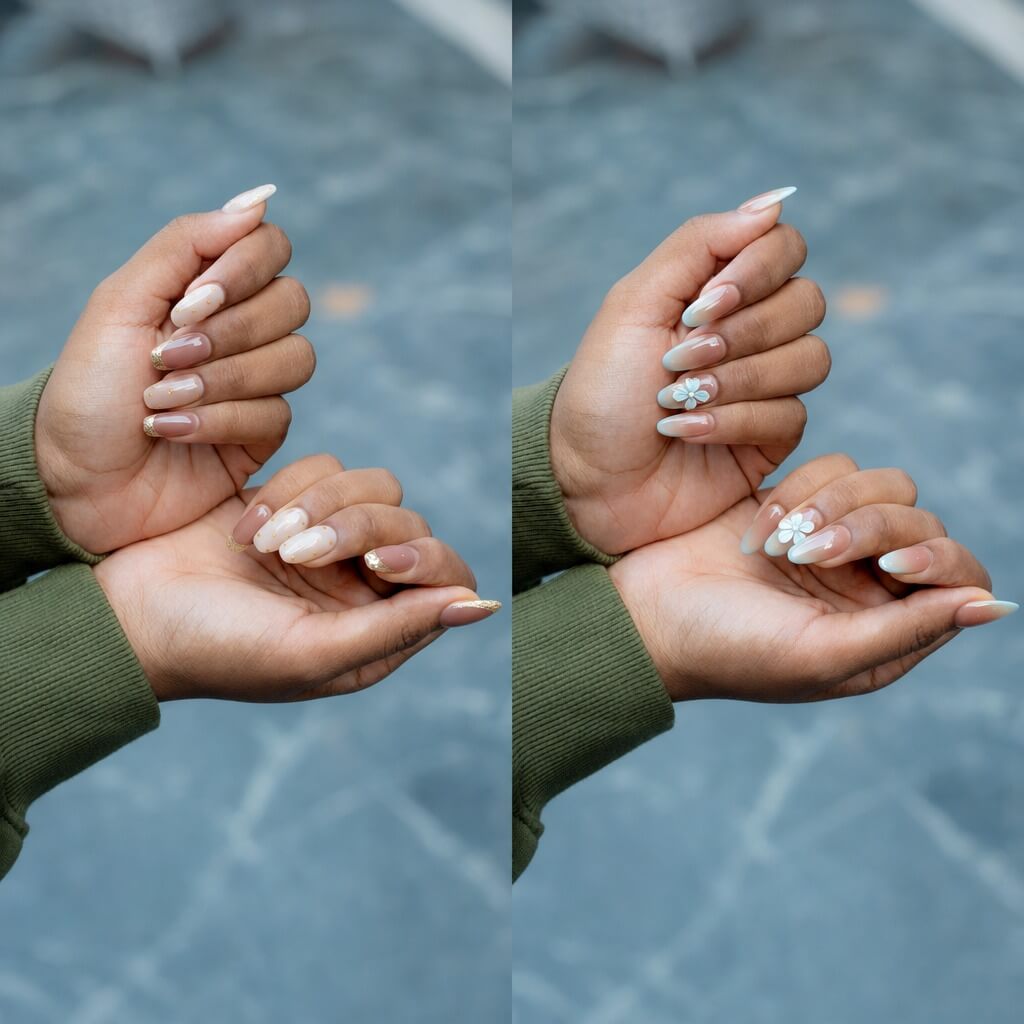 Deux designs d’ongles issus de la fonction, celui de gauche est Vanilla French, des pointes dorées sur les deux mains avec un blanc laiteux et un rose nude plus foncé sur les autres ongles ; celui de droite est Petal Mist, une fleur sur les deux annulaires, avec un bleu rosé clair, un blanc laiteux et un rose nude plus foncé.
