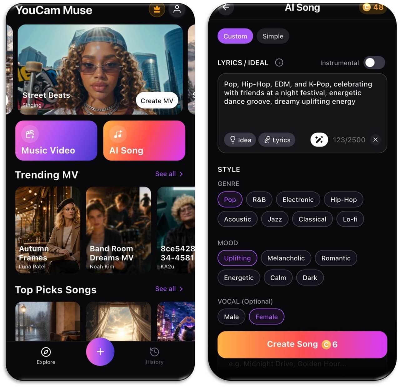 YouCam Muse home screen with the Music Video and AI Song buttons, next to the AI Song Custom screen showing the Lyrics / Idea box, Instrumental toggle, genre and mood chips, and Female vocal selected
