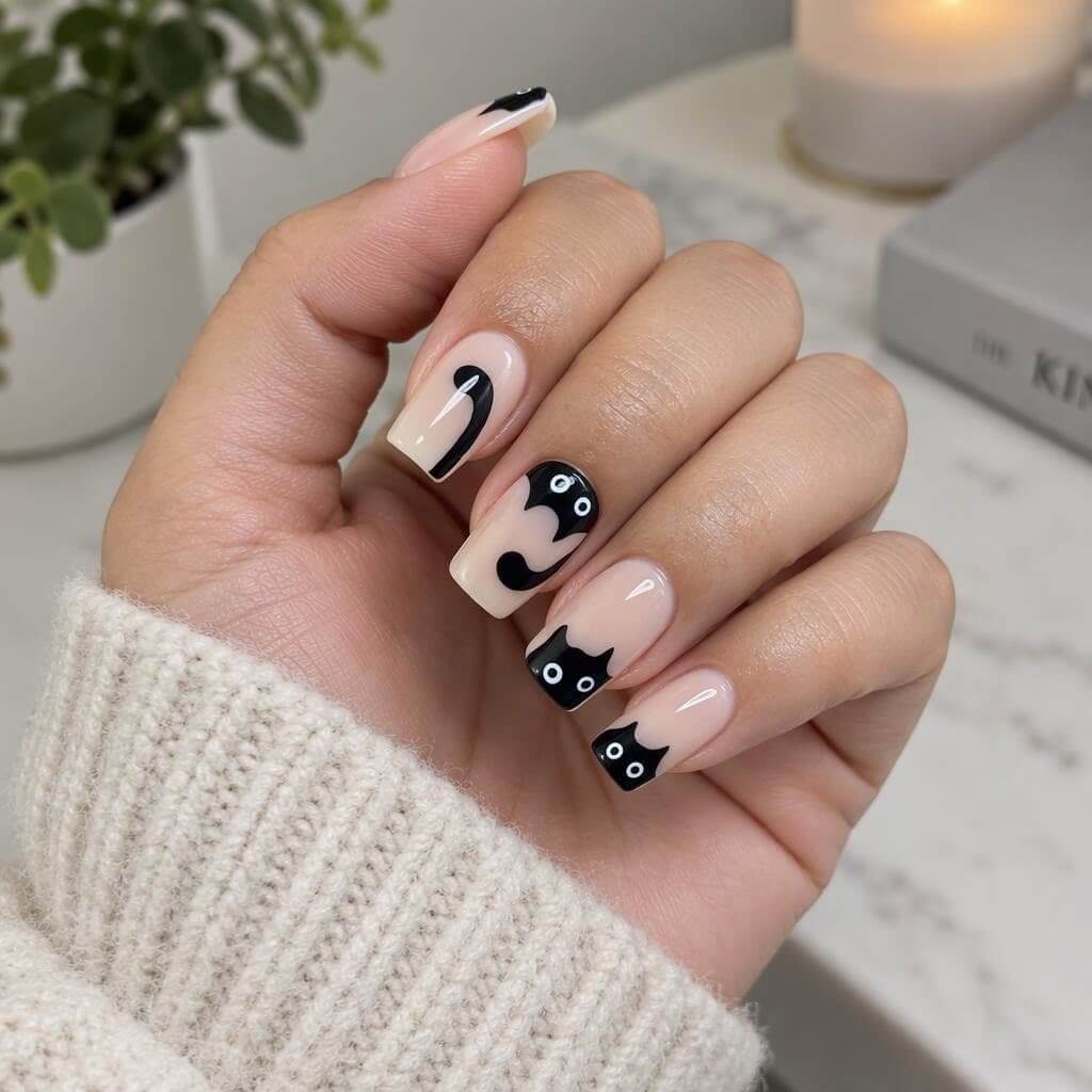 Ongles carrés d’Halloween avec chats noirs qui dépassent des pointes