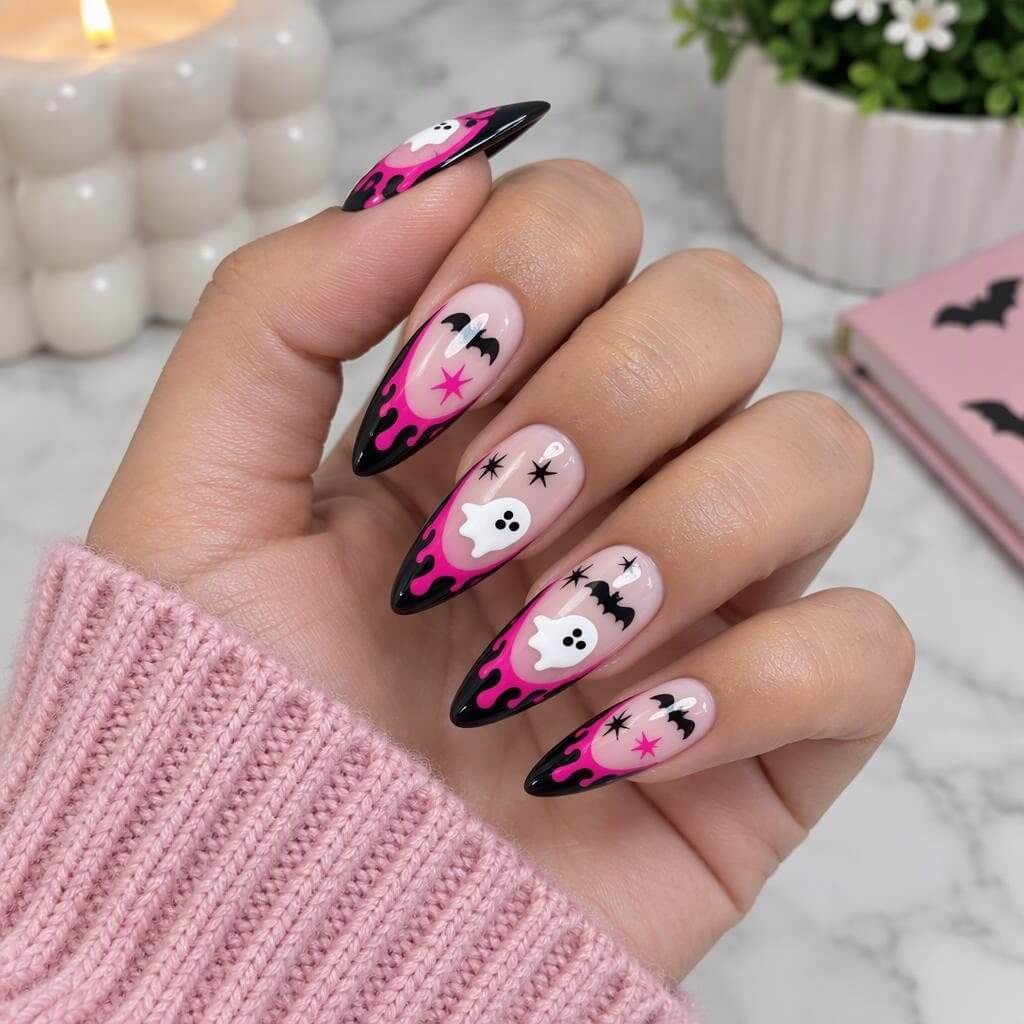 Ongles stiletto d’Halloween en fuchsia et noir avec fantômes, chauves-souris et étoiles