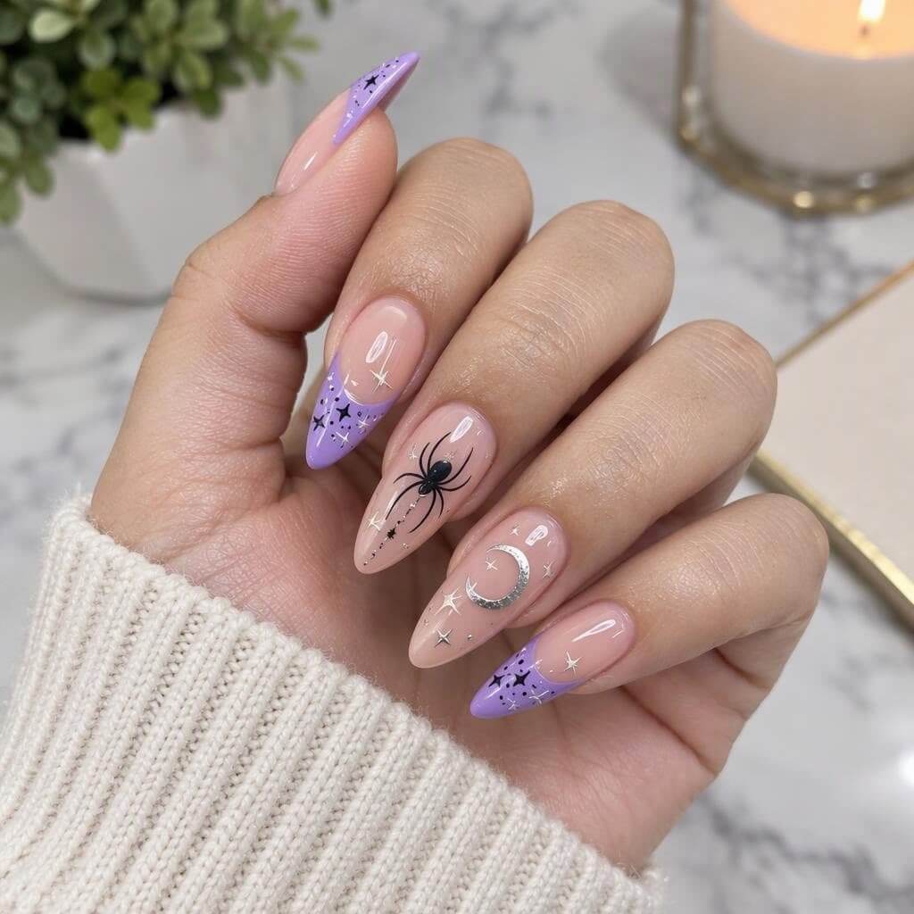 Ongles d’Halloween Moonlit Lilac avec pointes lilas, araignée noire, lune argentée et étoiles