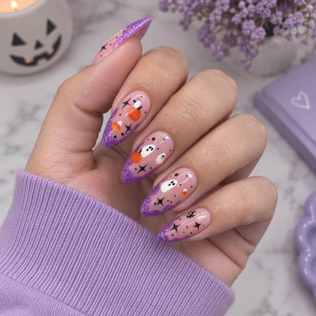 Ongles stiletto d’Halloween avec pointes violettes pailletées, fantômes, citrouilles et candy corn