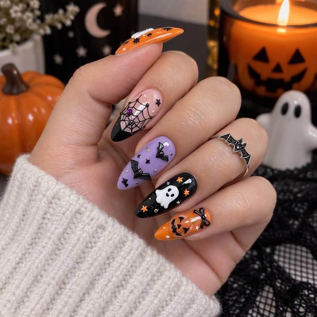 Nail art Boo Fest avec toile d’araignée, chauves-souris, fantôme et citrouille en orange, lilas et noir