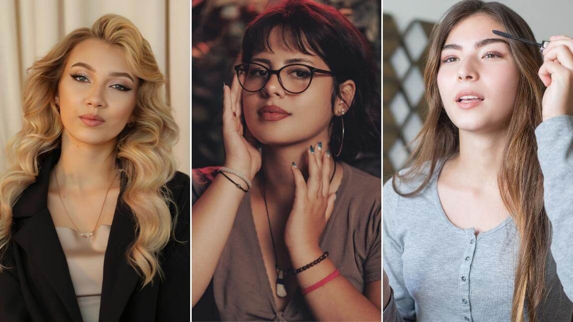 Three beauty portraits illustrating side-swept hair, defined eyeglasses, and eye-focused makeup for triangle face shape styling Three beauty portraits illustrating side-swept hair, defined eyeglasses, and eye-focused makeup for triangle face shape styling