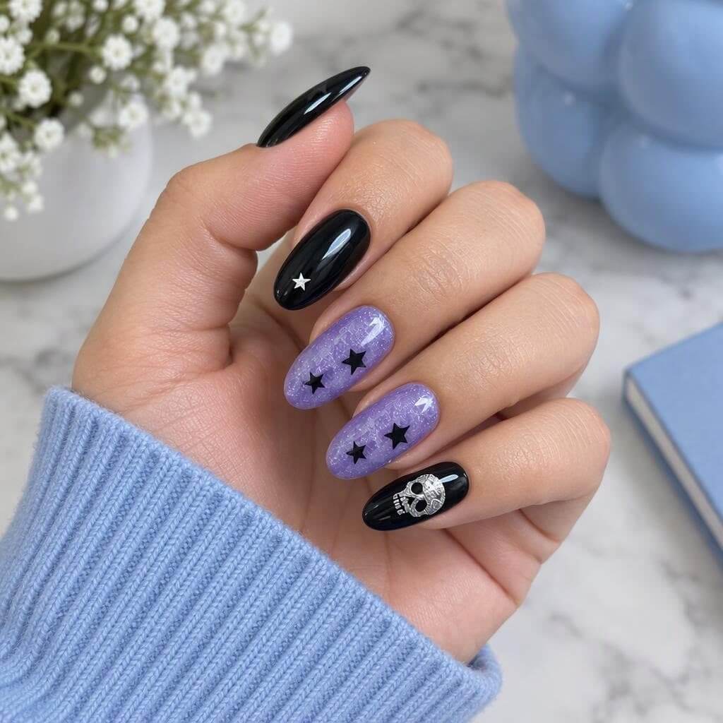 Ongles d’Halloween noirs et violets avec des étoiles et une tête de mort argentée