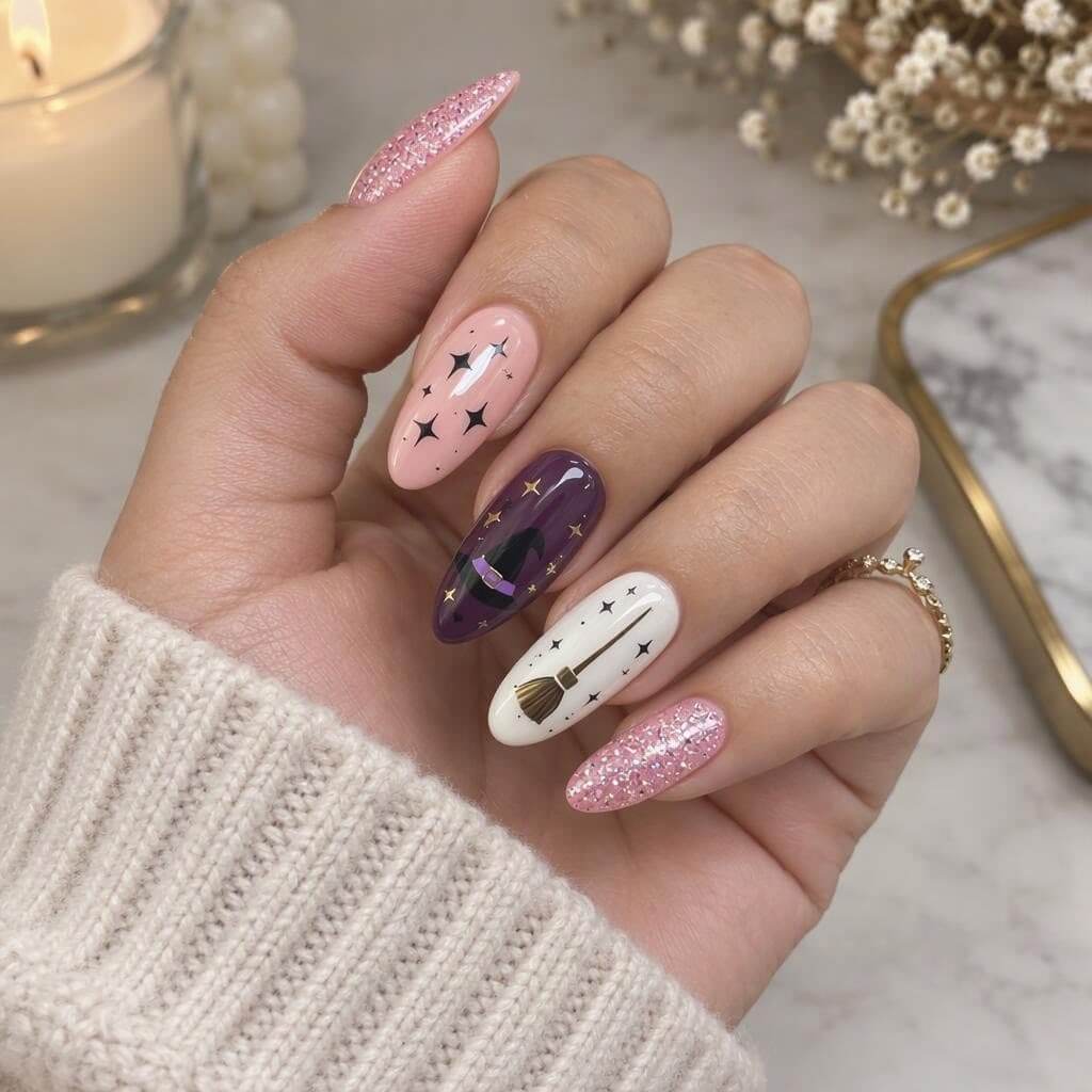 Ongles d’Halloween de sorcière avec chapeau, balai, étoiles et paillettes roses