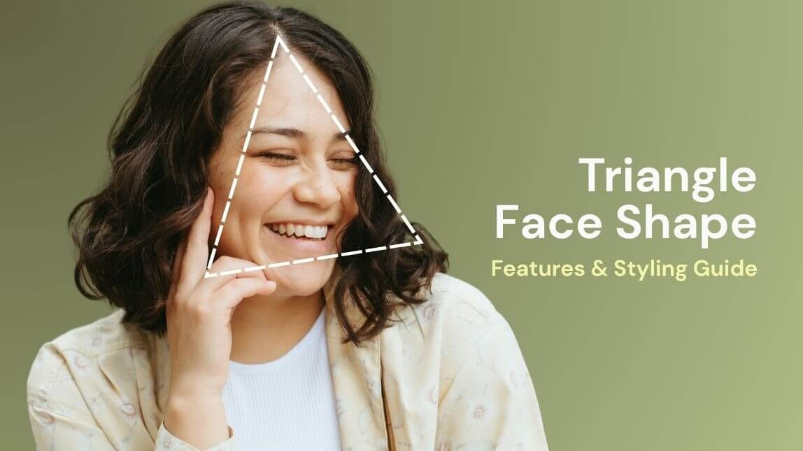 Editorial portrait of a woman with a triangle face shape, green background.