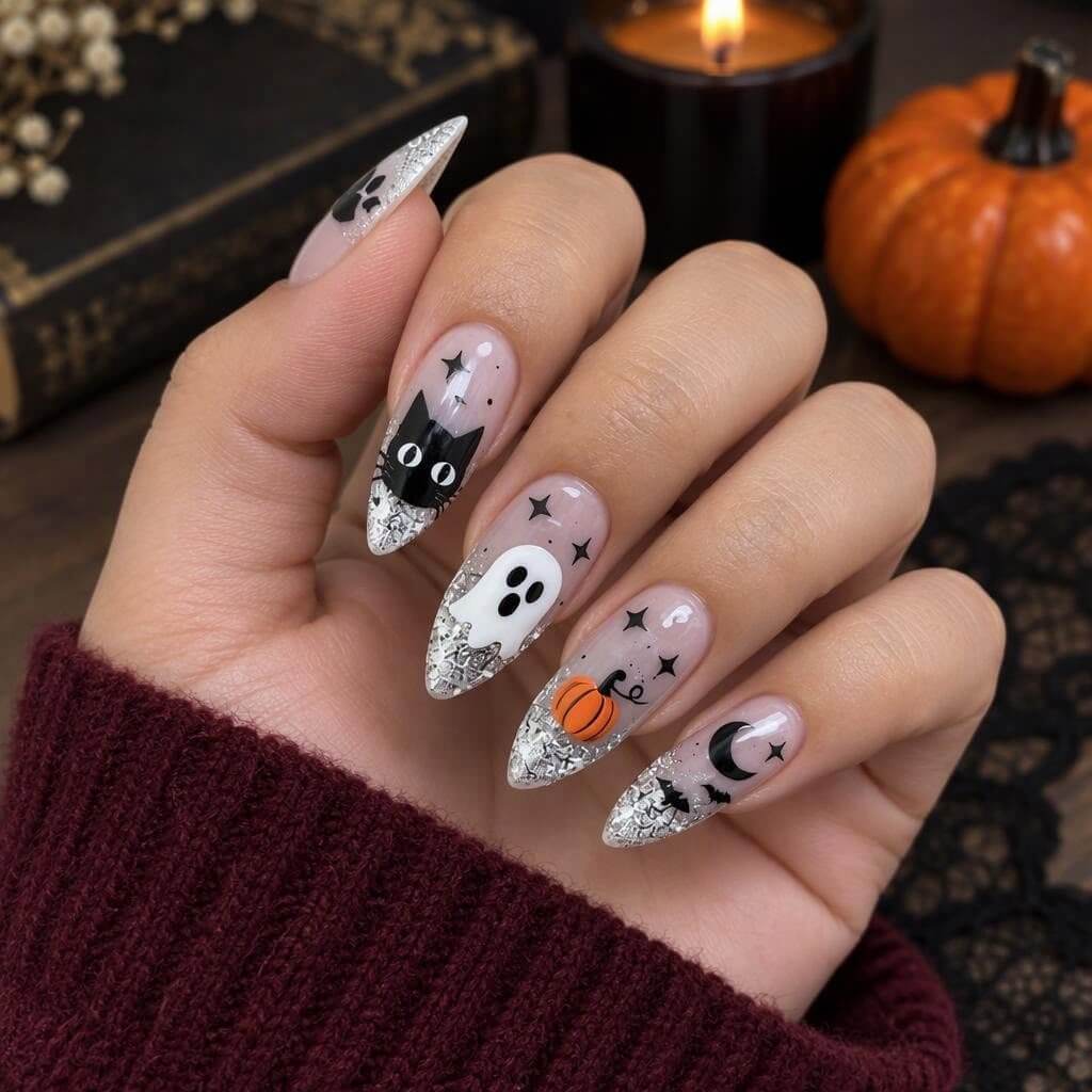 Ongles d’Halloween avec pointes pailletées argentées, chat noir, fantôme, citrouille, lune et chauves-souris