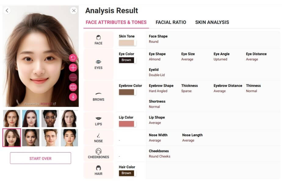 Perfect Corp. AI Face Analyzer demo displaying a face-shape result from a front-facing photo Perfect Corp. AI Face Analyzer demo displaying a face-shape result from a front-facing photo