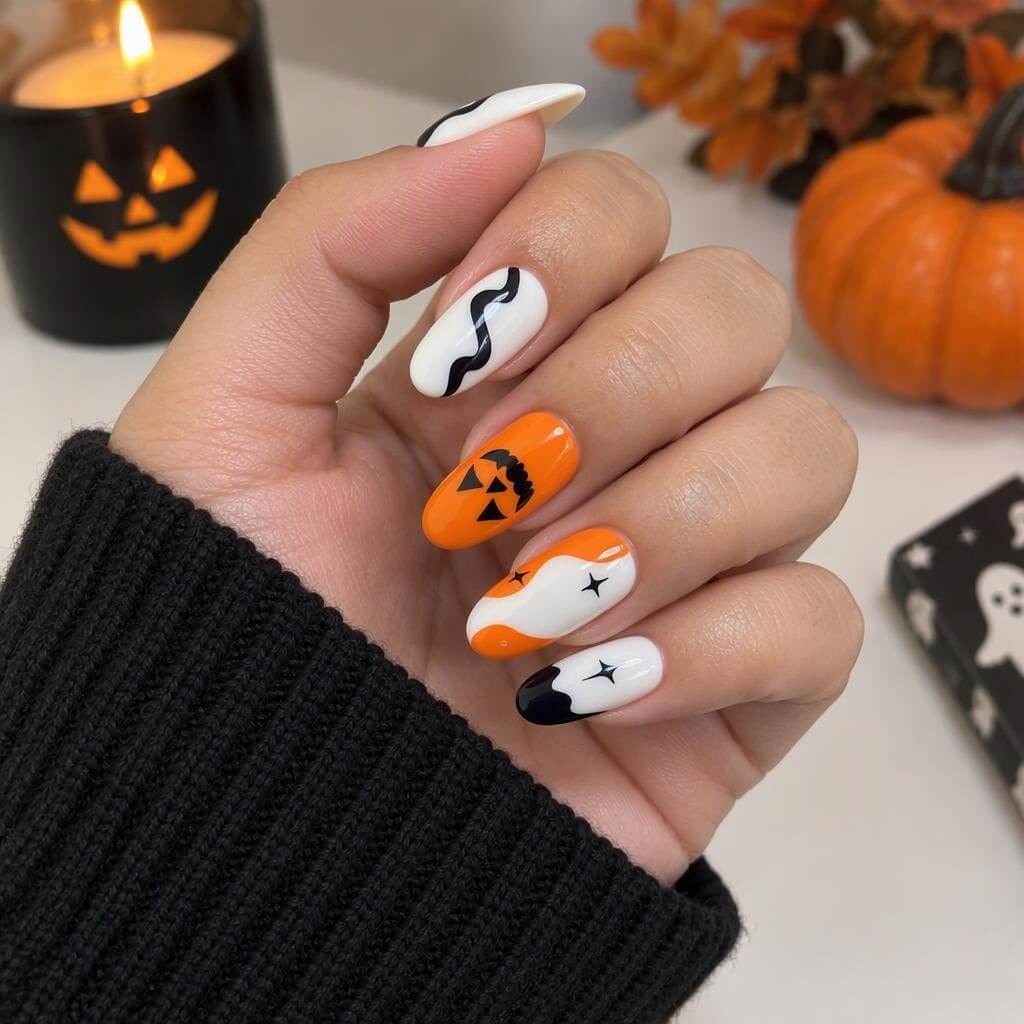 Ongles d’Halloween avec citrouille orange, base crème et lignes noires ondulées.