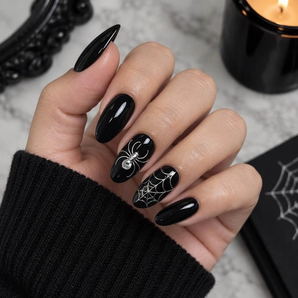 Ongles noirs brillants avec araignée à cristal et toile argentée pour Halloween