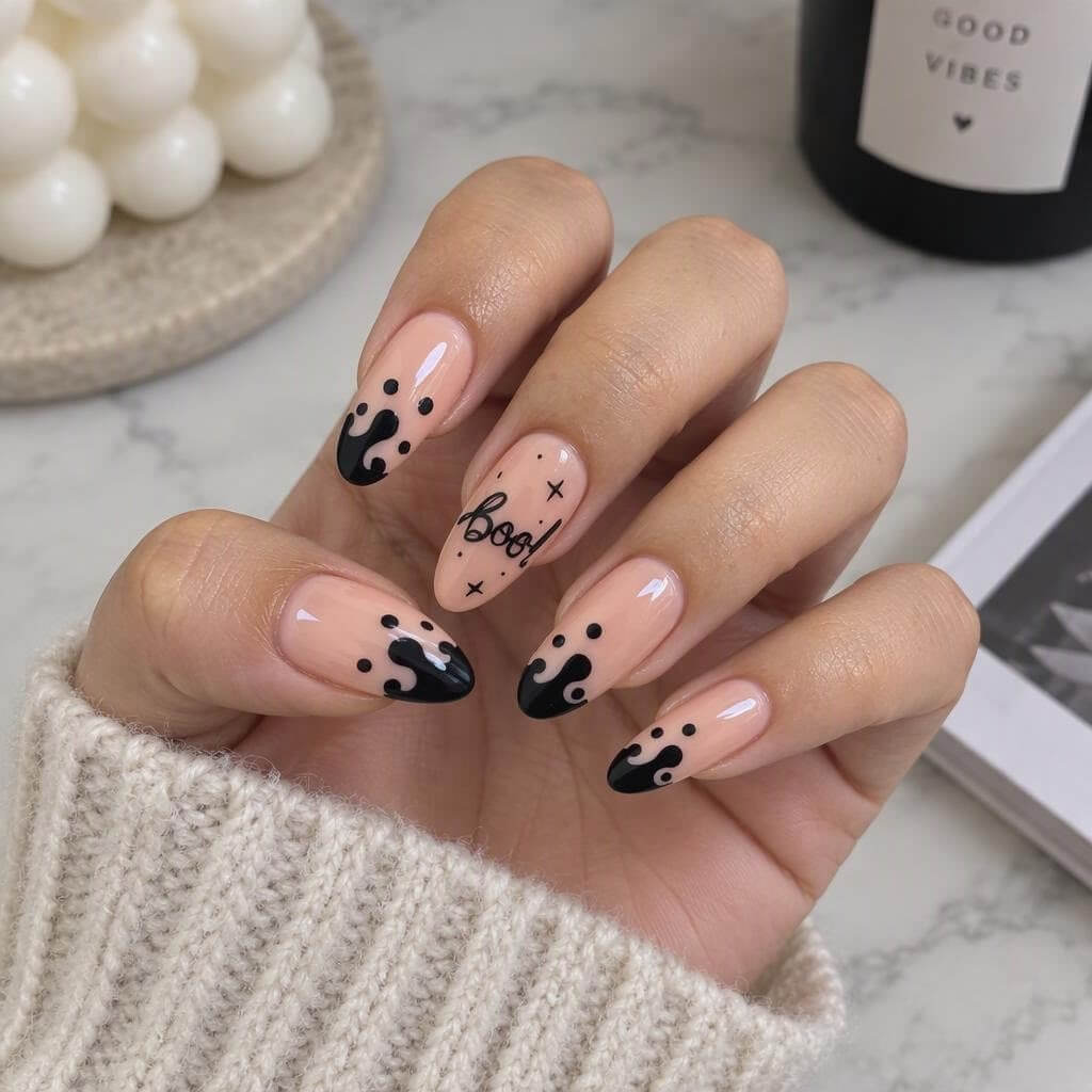 Ongles d’Halloween avec pointes noires effet goutte et le mot Boo en écriture cursive