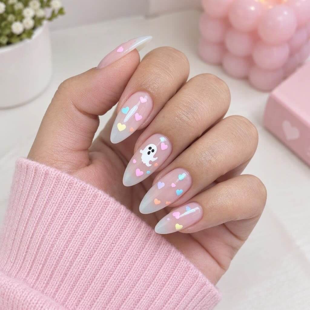 Ongles d’Halloween mignons avec un fantôme et des cœurs aux couleurs pastel