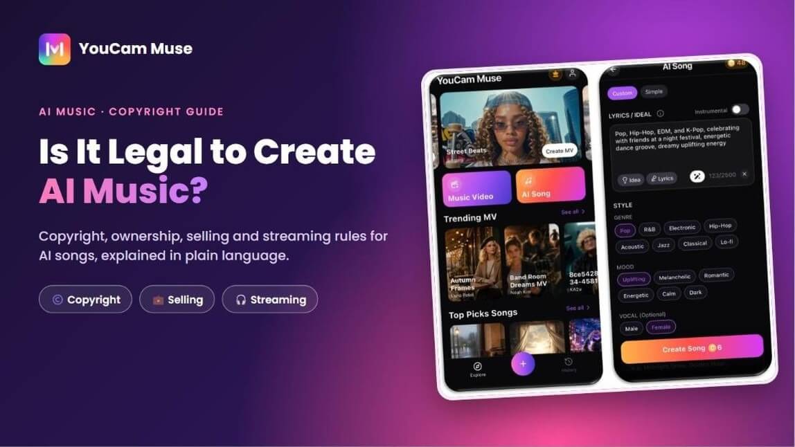 Is It Legal to Create AI Music cover: YouCam Muse home screen and the AI Song Lyrics / Idea box where you can paste your own lyrics