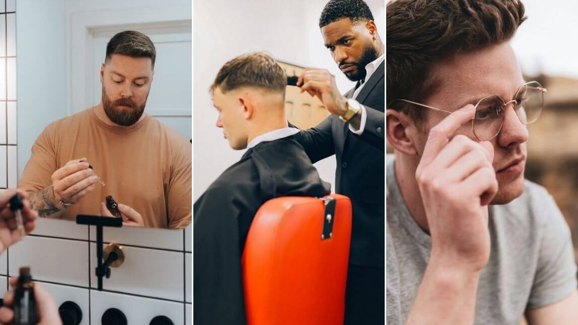 Men using skincare, receiving a haircut consultation, and adjusting eyeglasses in grooming and retail settings Men using skincare, receiving a haircut consultation, and adjusting eyeglasses in grooming and retail settings
