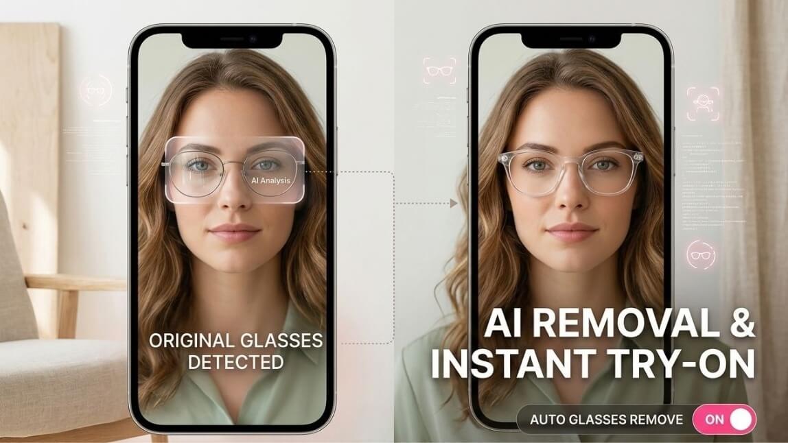 AI glasses removal virtual try-on: real glasses erased and new frames applied