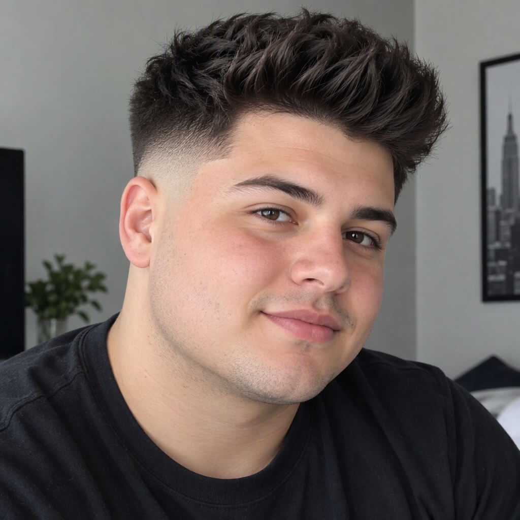 Corte Fade medio o alto con volumen arriba para cara redonda