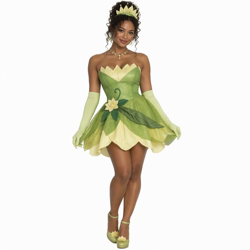 Tiana con cabello rizado y vestido verde de princesa