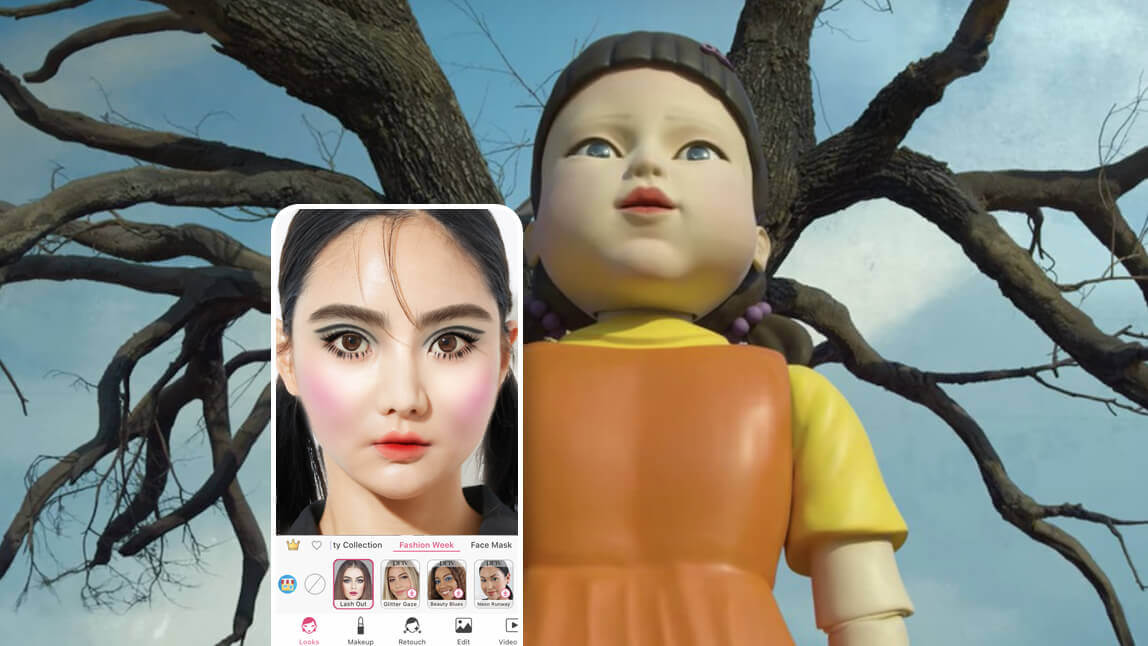 Squid Game doll is famous for black hair, blush, ombre orange lip color and plumped check, which all can be edit with the YouCam Makeup app.