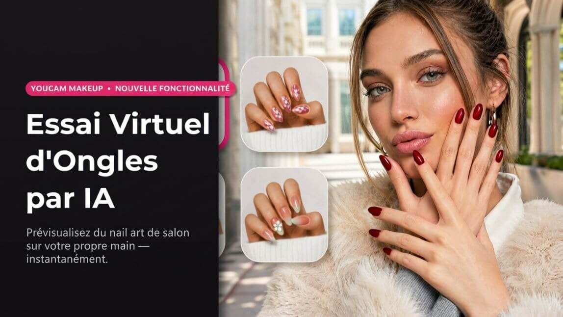 Main d’une femme montrant un résultat Ongles IA en Virtual Try-On dans YouCam Makeup
