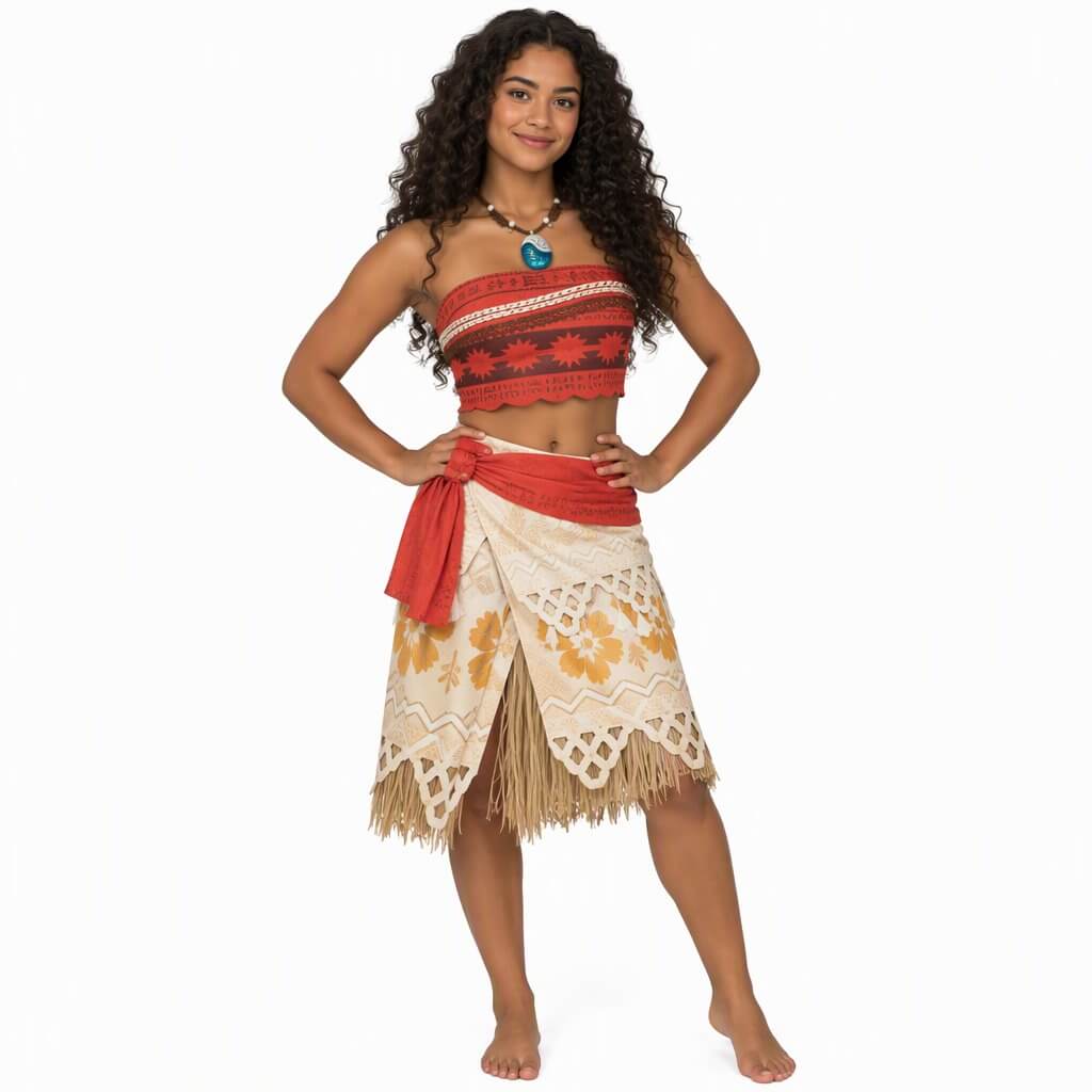 Moana con cabello largo y rizado y look inspirado en el personaje