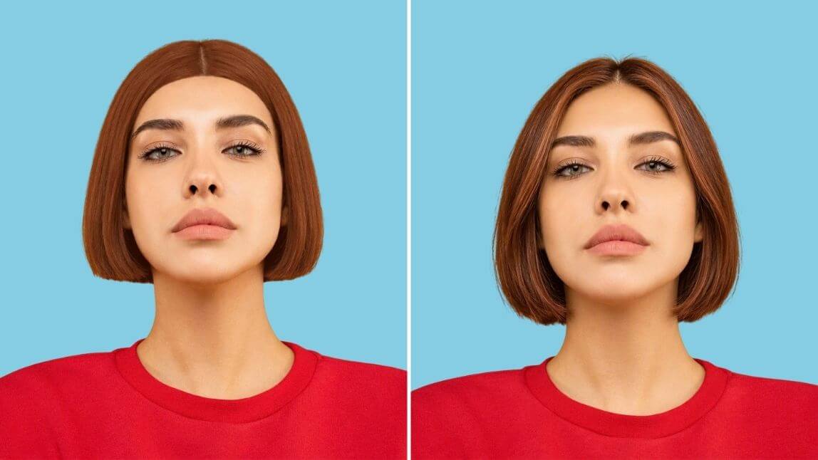 Side-by-side comparison of basic AR wig overlay versus Generative AI virtual wig try-on with realistic hairline blending
